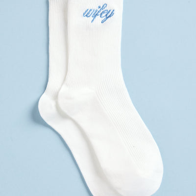 Wifey Ruffle Socks - crew socks with blue embroidery