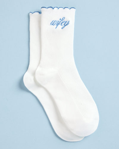 White crew socks with blue Wifey embroidery