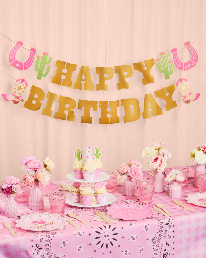 HBD Cowgirl Banner - gold foil banner
