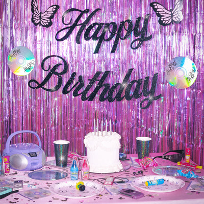 Y2K Birthday Banner - black glitter banner