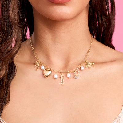 Bride Charm Necklace - gold, rhinestones + pearls