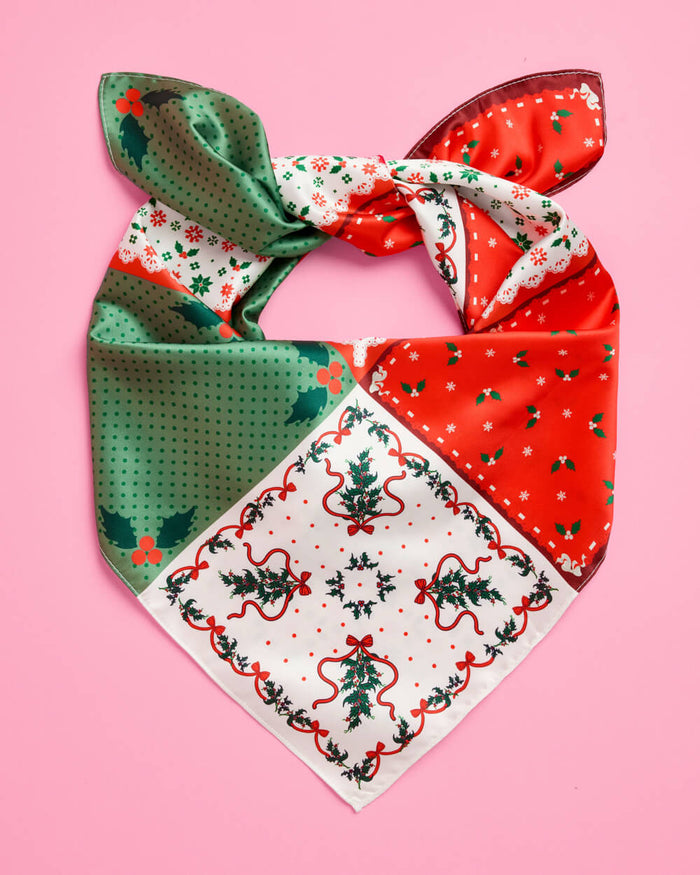 Holly Jolly Headscarf - red + green satin headscarf