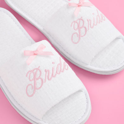 Bride Spa Slippers - white embroidered waffle slippers