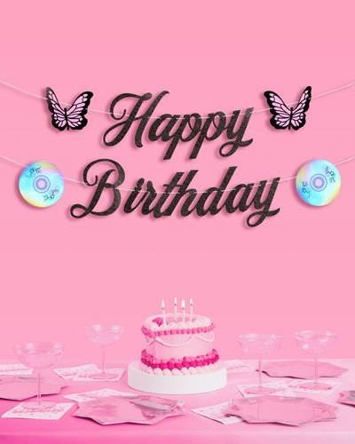 Y2K Birthday Banner - black glitter banner