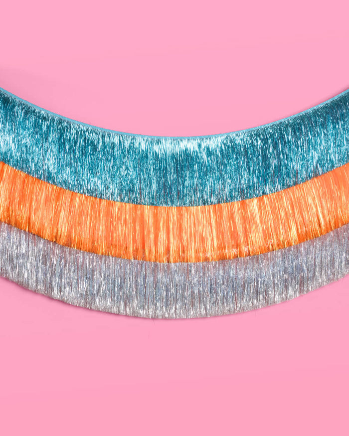 Showgirl Trio - teal + orange fringe banners