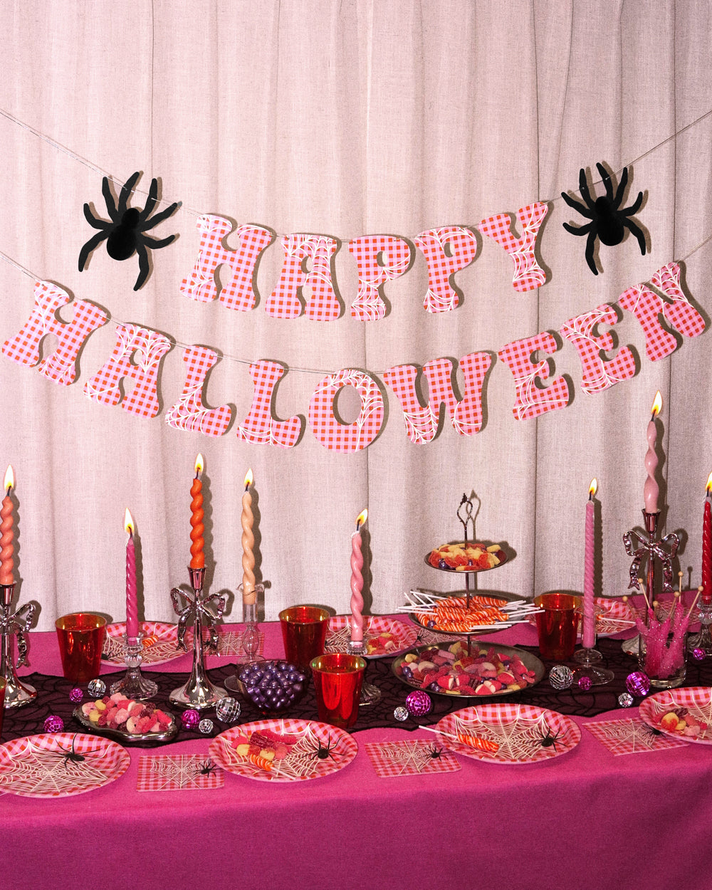 ペローナ　ハロウィンデザインシート Pink Halloween Banner - pink gingham + spider banner – xo, Fetti