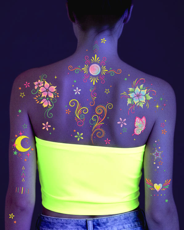 Fluorescent Rave Tattoos - 4 temporary tattoo sheets