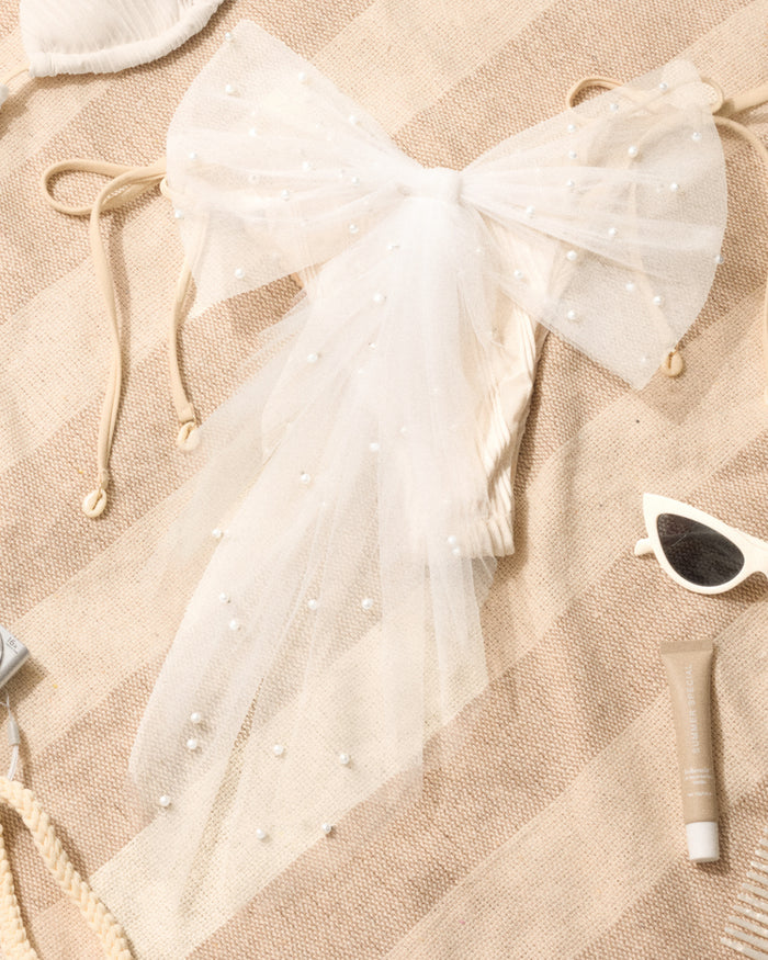 Pearl Bikini Bow - white tulle bow with pearls