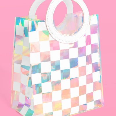 Checked Out Bags - 6 white + clear iridescent bags