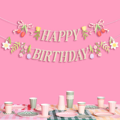 Floral Birthday Banner - gold glitter banner