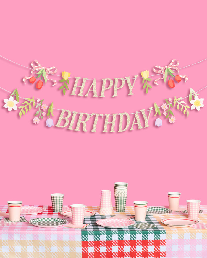 Floral Birthday Banner - gold glitter banner