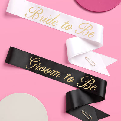 Bride and Groom Sash Duo - black + white satin sashes