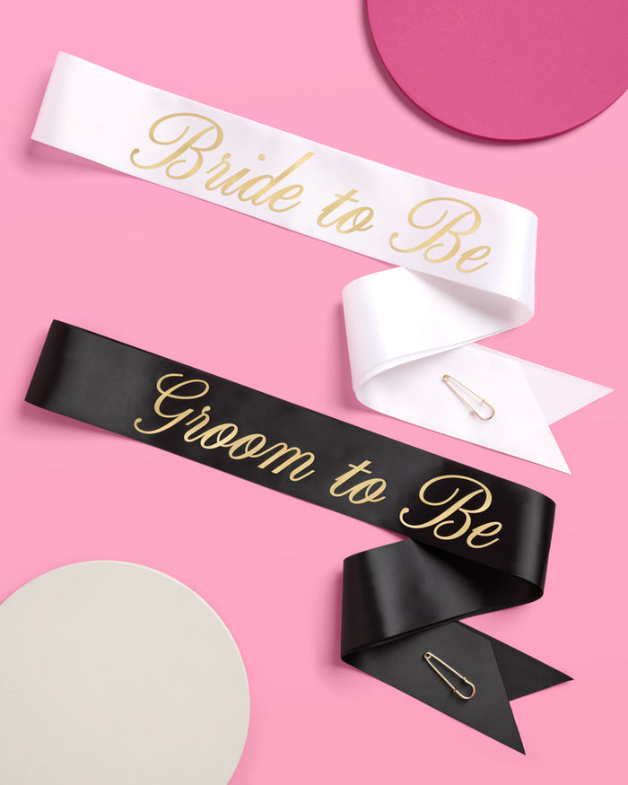 Bride and Groom Sash Duo - black + white satin sashes