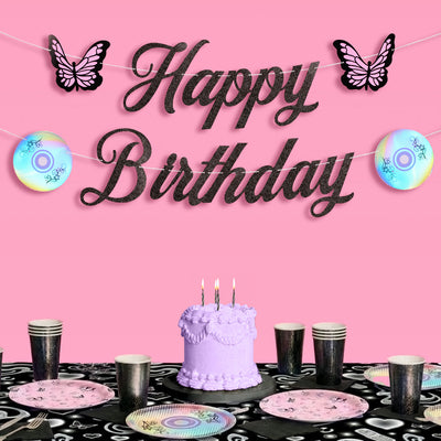 Y2K Birthday Banner - black glitter banner