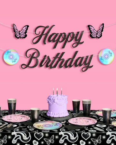 Y2K Birthday Banner - black glitter banner