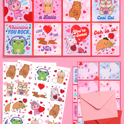 Kawaii V-Day Card Set - 24 cards + tattoos