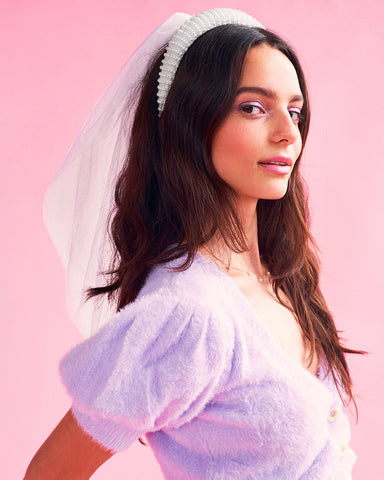 xo, Fetti Bachelorette Party Decorations Pearl Headband with Detachable Veil | White Headpiece Bridal Shower Gift, Bridesmaid Favors