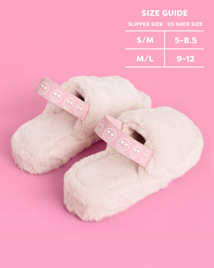 Smiley Slippers - blush fur slippers