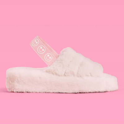 Smiley Slippers - blush fur slippers