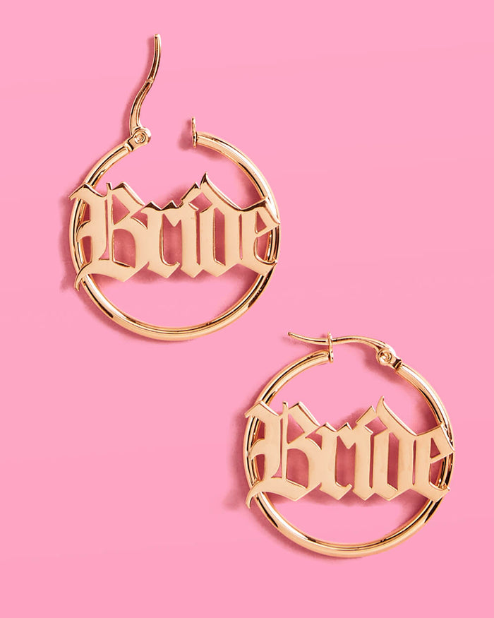 Bride Hoops - gold script earrings